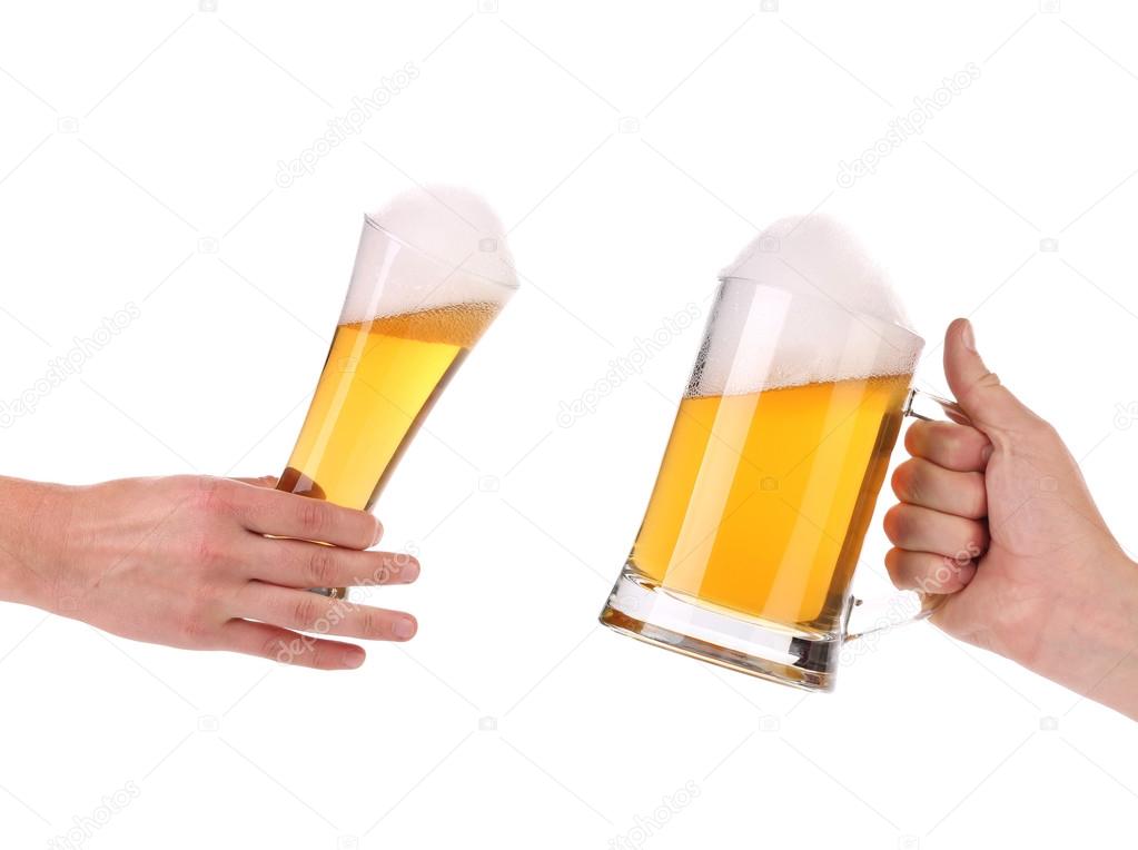 Pair of very cool beer glasses making a toast.
