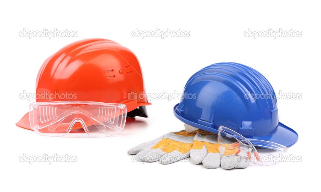 Two hard hats with working gloves