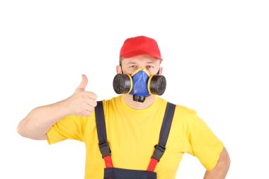 gaz maskesi işçi başparmak gösterir