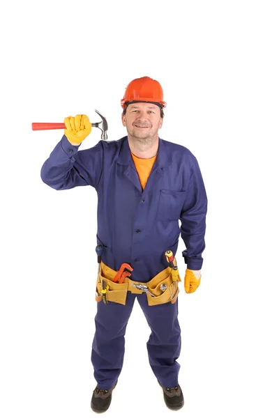 Werknemer in harde hoed, bedrijf hamer — Stockfoto