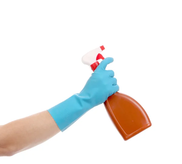 Hand met bruine plastic spray fles — Stockfoto