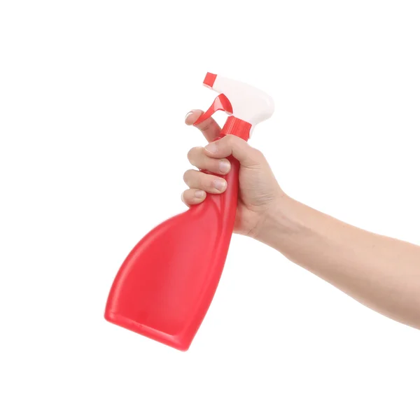 Ruka držící červená plastová láhev s rozprašovačem — Stock fotografie