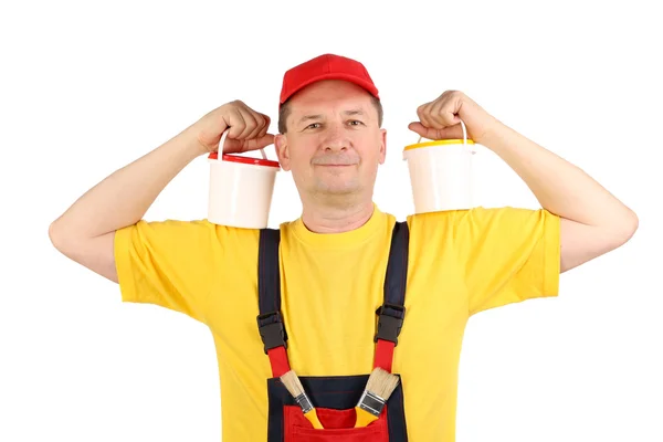 Pracovník drží dva kbelíky — Stock fotografie