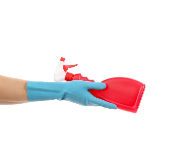 Hand holding red plastic spray bottle — Stock Photo, Image