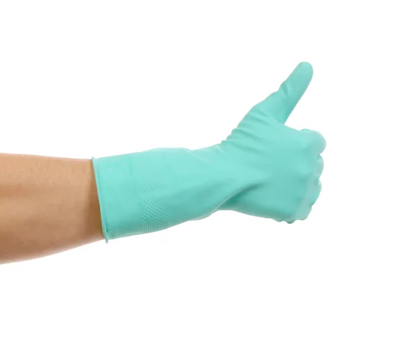 Рука показывает большой палец вверх в резиновой перчатке . — стоковое фото