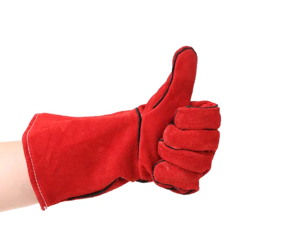 Hand shows thumb up in glove. — Stock Photo, Image