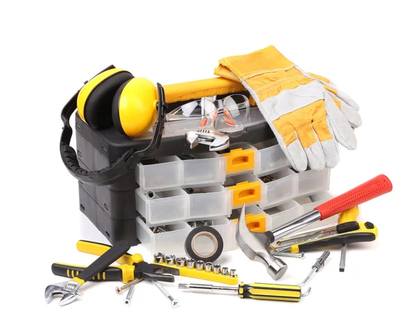 Plastic workbox with assorted tools. — Stock Photo, Image