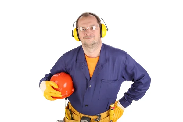 Worker in ear muffs and glasses. — Stock Photo, Image