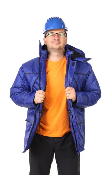 Homem no inverno workwear e chapéu duro — Fotografia de Stock