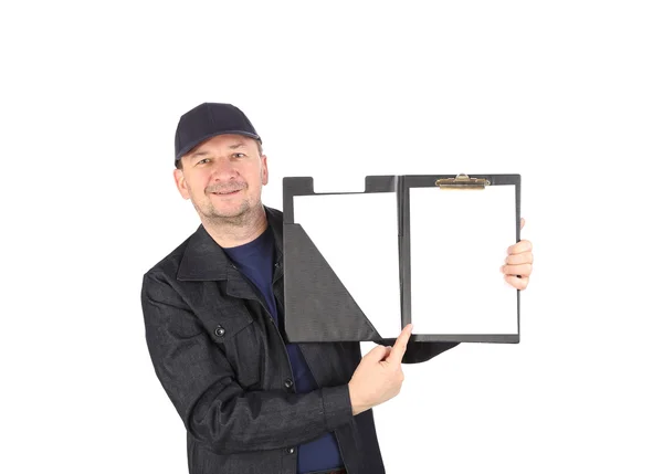 Worker in cap with opened folder. — Stock Photo, Image