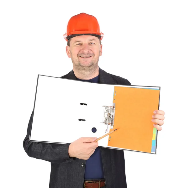 Worker in hard hat with opened folder. — Stock Photo, Image