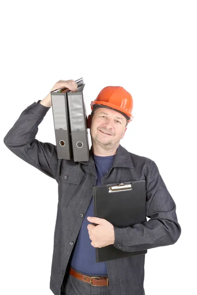 Man in hard hat holding folders. — Stock Photo, Image
