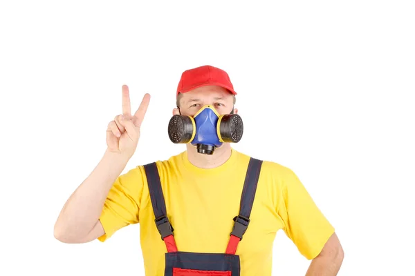 Arbetare i har med respirator. — Stockfoto