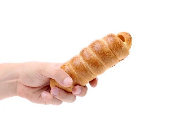 Gebackener Hot Dog in der Hand. — Stockfoto