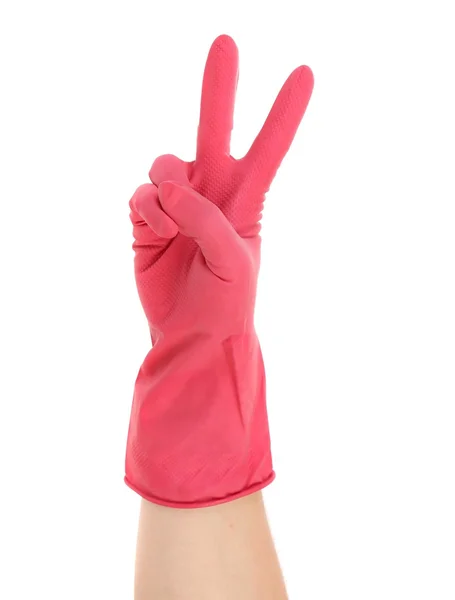 Hand zeigt zwei in rotem Gummihandschuh. — Stockfoto