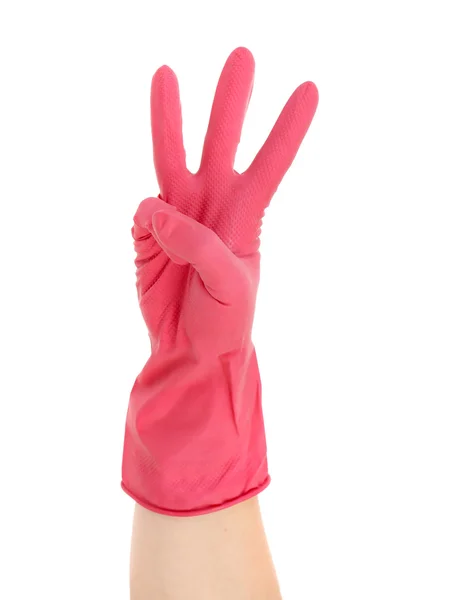 Hand toont er drie in rode rubberen handschoen — Stockfoto