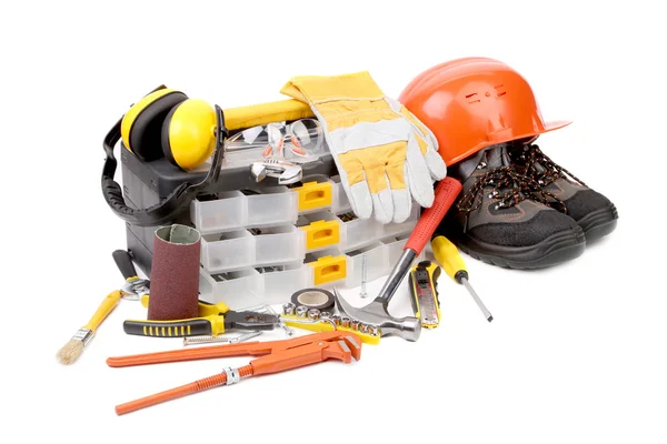 Set of tools and instruments with toolbox. — Stock Photo, Image