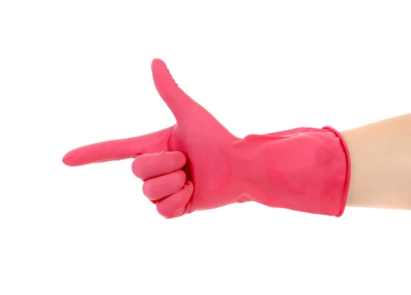 Rode rubberen handschoenen weergegeven teken als een pistool: — Stockfoto