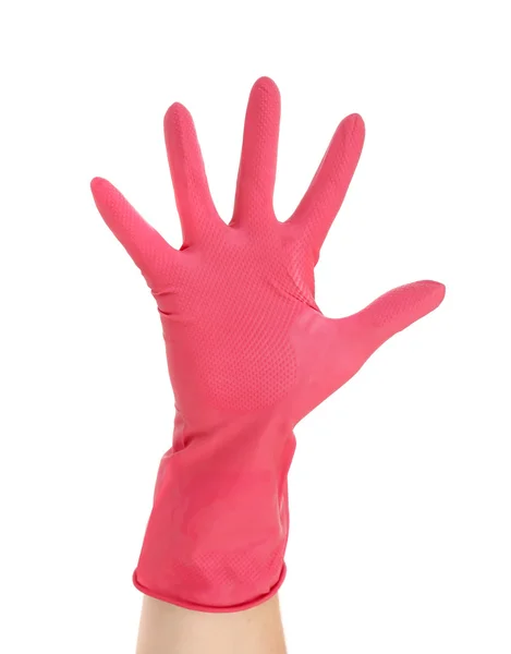 Main montre cinq en gant de caoutchouc rouge . — Photo