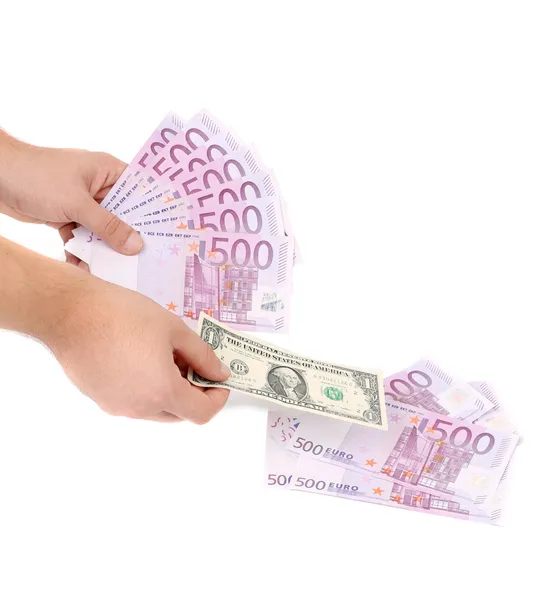 Five hundred bills in hand as fan. — Stock Photo, Image