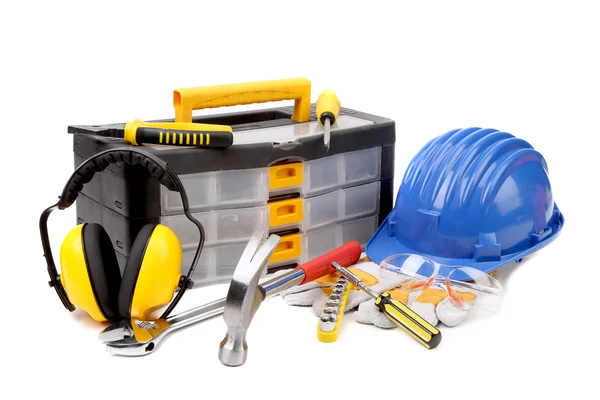 Set van tools en instrumenten met toolbox. — Stockfoto