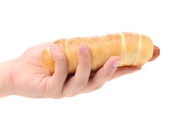 Hand holds baked hot dog. — Stock Photo, Image