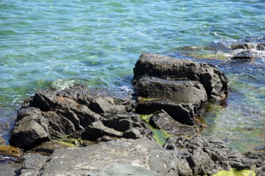 mavi deniz kıyısında ve parlak ıslak taşlar.