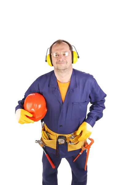 Trabajador con cinturón de herramientas y gafas . — Foto de Stock