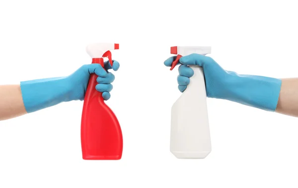 Hands in gloves hold spray bottles. — Stock Photo, Image