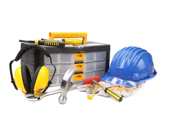 Plastic workbox with assorted tools. — Stock Photo, Image