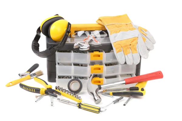 Plastic workbox with assorted tools. — Stock Photo, Image