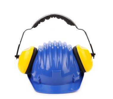 Working protective headphones on hard hat