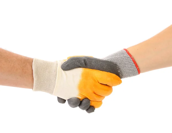 Two hands in gloves of hand shake — Stock Photo, Image