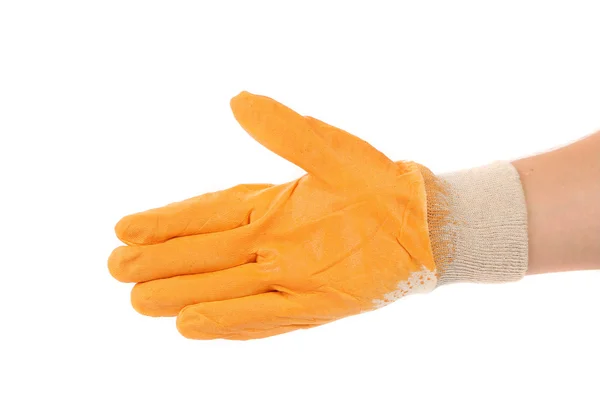 Kéz a narancssárga gumi kesztyű — Stock Fotó