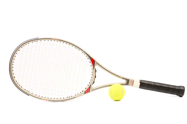 Gray tennis racket and yellow ball. — Stock Photo, Image