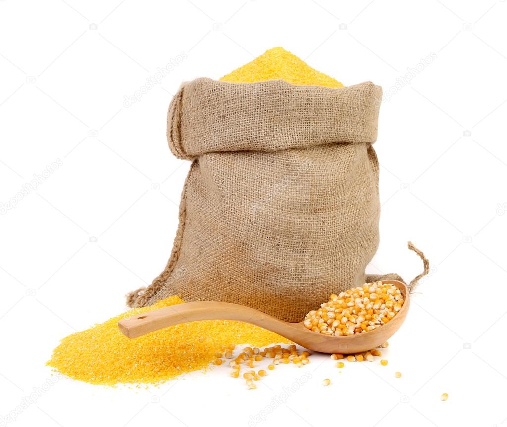 Sack with corn grains and flour.