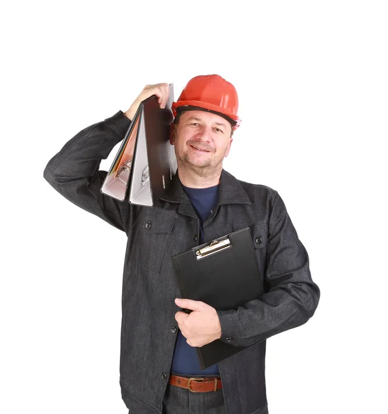 Man in hard hat holding folders. — Stock Photo, Image