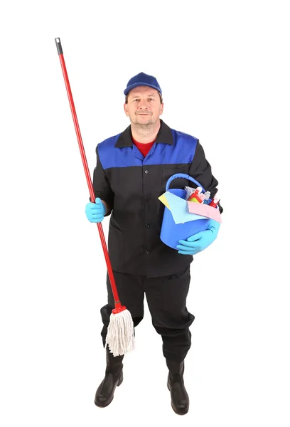 Man holding cleaning supplies. — Stock Photo, Image