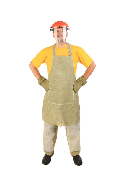 Welder with plastic protective face and apron — Stock Photo, Image