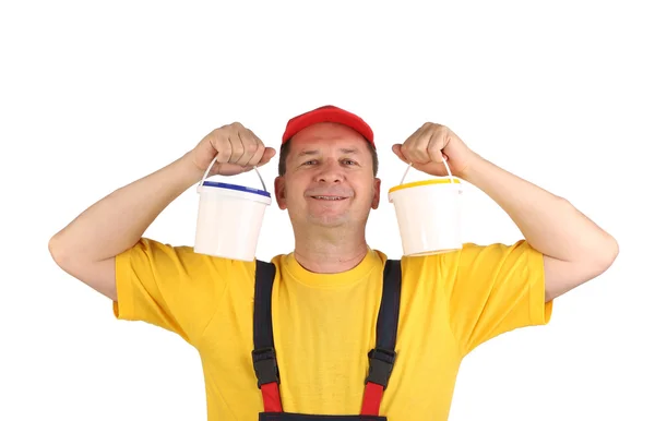 Trabajador sosteniendo dos cubos —  Fotos de Stock