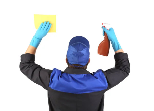 Man holds spray bottle and sponge — Stock Photo, Image