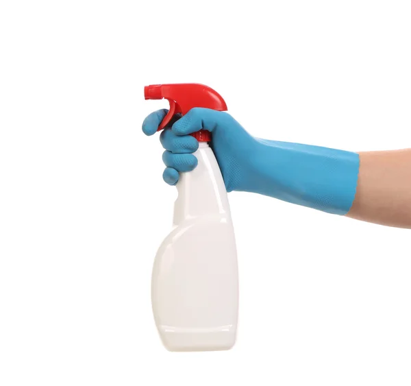 Hand in gloves holds spray bottle. — Stock Photo, Image