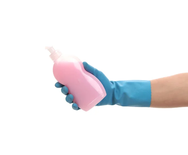 Hand in glove holding plastic bottle. — Stock Photo, Image