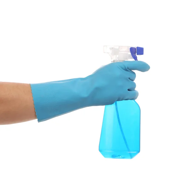 Mano en guantes sostiene botella de aerosol . — Foto de Stock