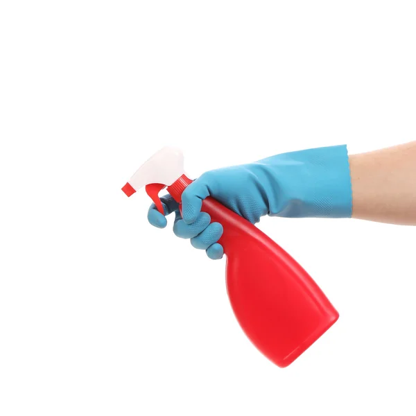 Hand in handschoenen houdt spray fles. — Stockfoto