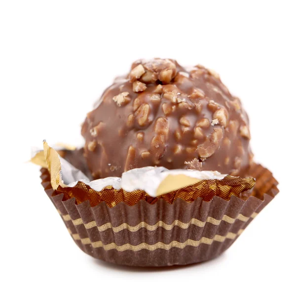 Chocolate gold bonbon with nuts. — Stock Photo, Image