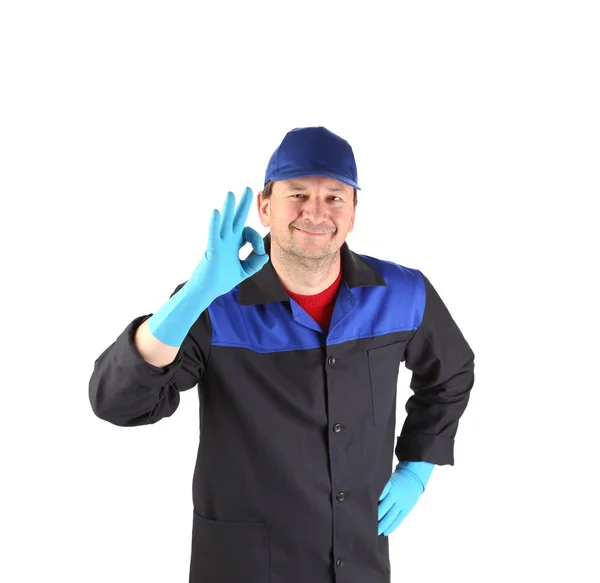 Worker with sign okey — Stock Photo, Image