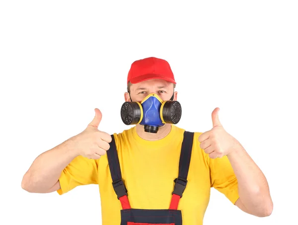 Worker in gas mask thumbs up — Stock Photo, Image