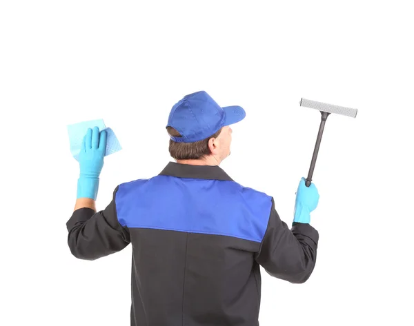 Trabajador en guantes con limpiador de ventanas . —  Fotos de Stock