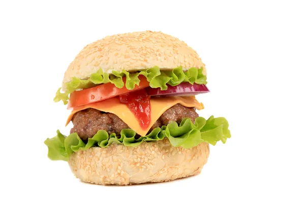 Hamburgera z serem i ketchupem. — Zdjęcie stockowe